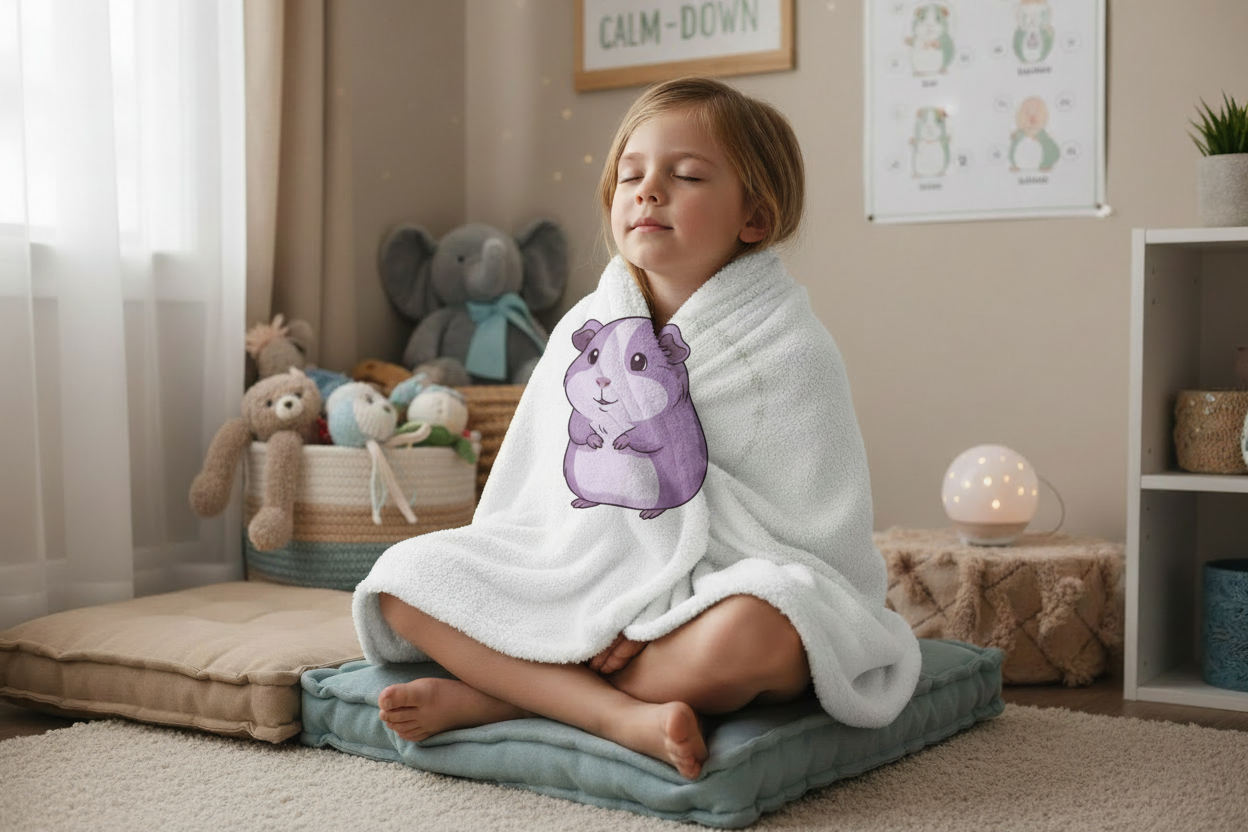 Child with Lavender Mabel blanket in calm down corner