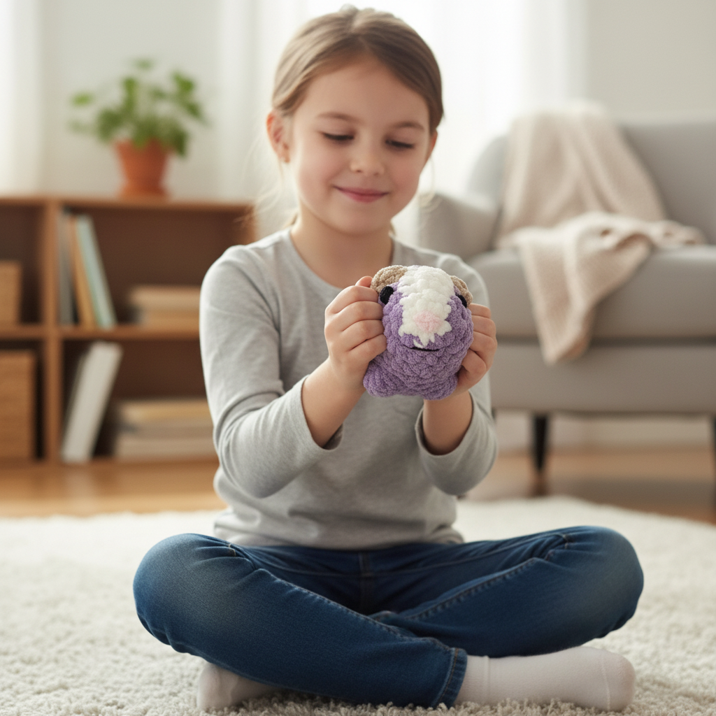 Happy child squeezing lavender plushie