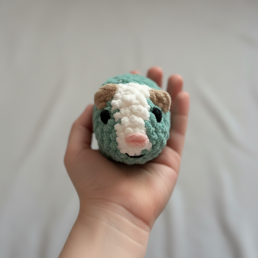 Overhead shot of plushie in child's palm showing size