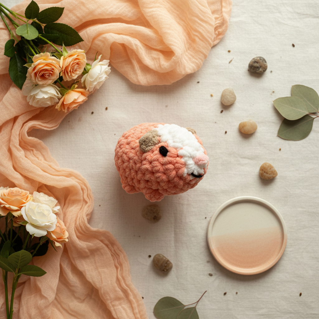 Peach plushie styled flat lay with warm elements