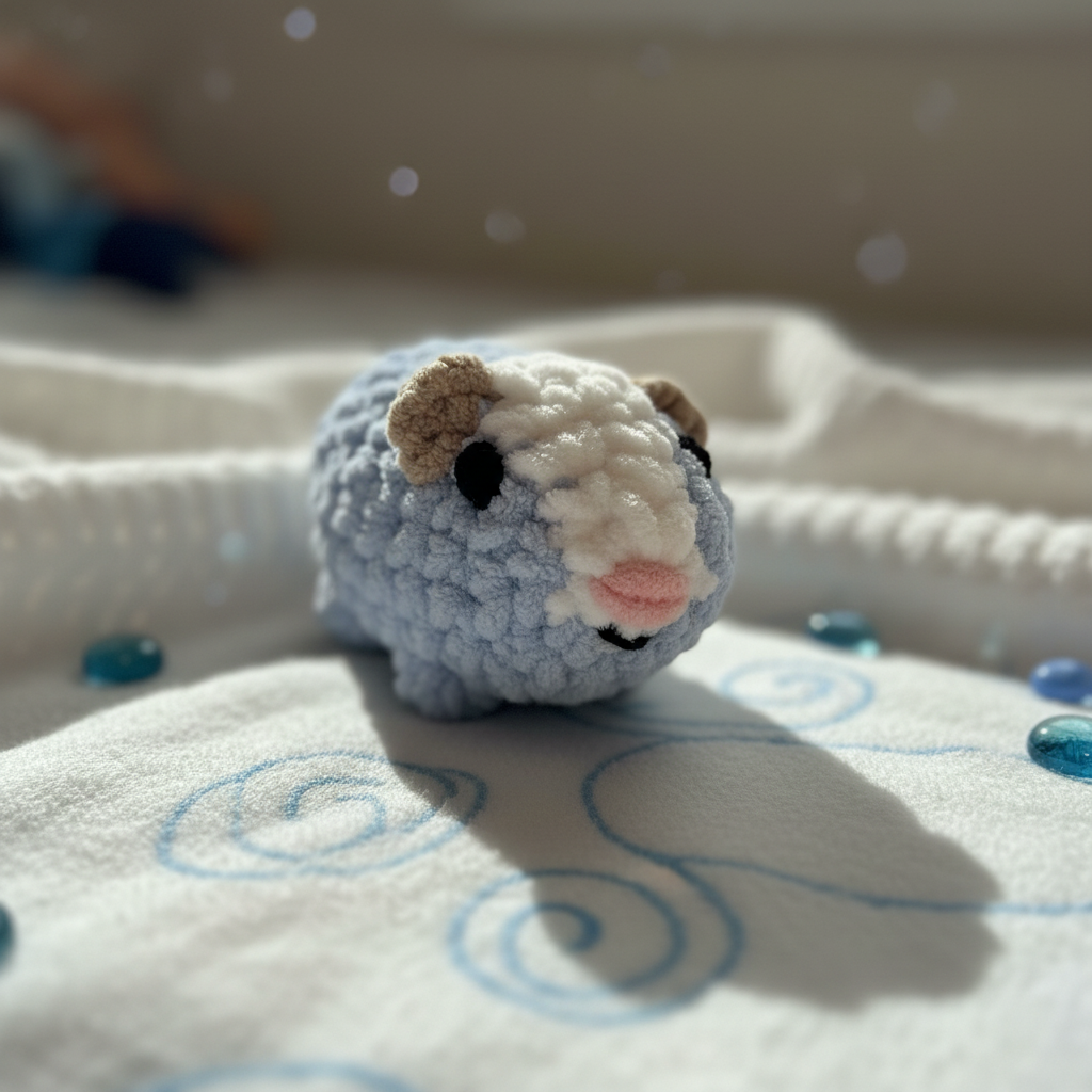 Sky blue plushie close-up with sky-inspired styling