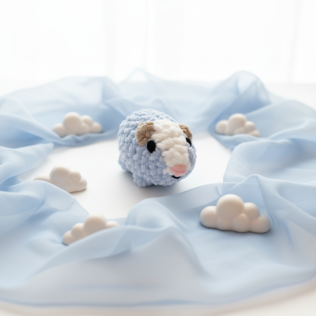 Sky blue plushie styled flat lay with airy elements